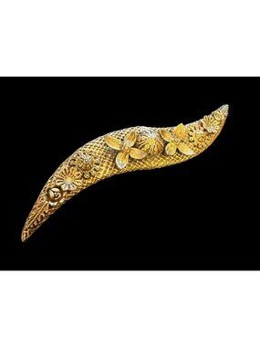 Brooch Signed HOBE Ornate Flowers Articulated  Brass Textured  6 Inches 1950’s
